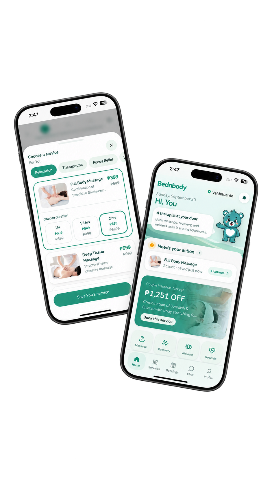 Two Bednbody app screens showing the home page and massage service picker